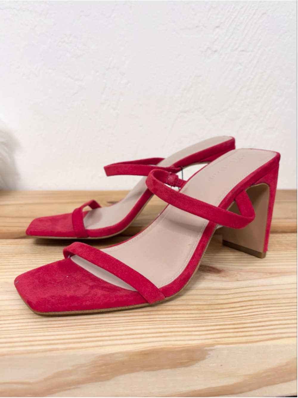 Women's The Drop Red Heeled Sandals Size 6.5 Strappy Faux Suede